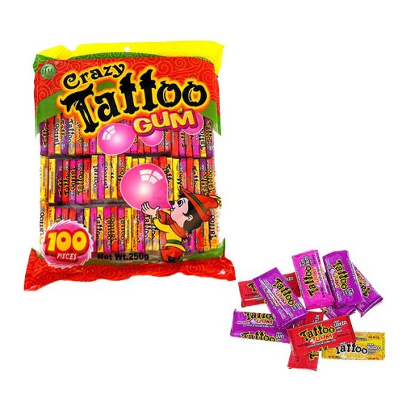 Жувальна гумка Crazy Tattoo GUM 100 шт. оригінальні жуйки Крейзі Тату з перевідними татуюваннями фруктово-ягідний смак великий пакет