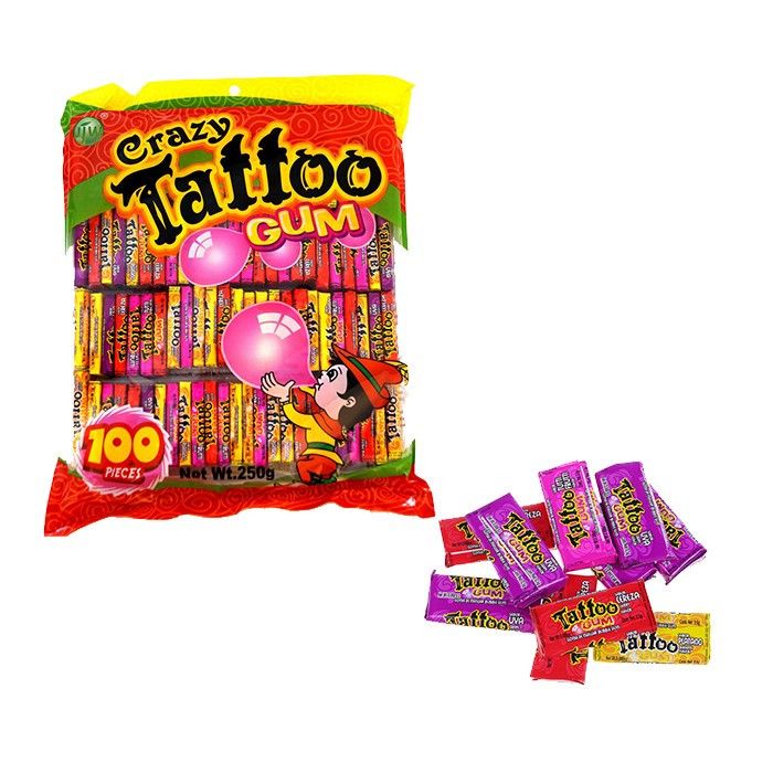 Жувальна гумка Crazy Tattoo GUM 100 шт. оригінальні жуйки Крейзі Тату з перевідними татуюваннями фруктово-ягідний смак великий пакет