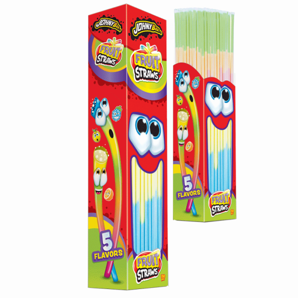 Трубочка для пиття з кислою фруктовою пудрою JOHNY BEE Fruit Straws ВЕЛИКА мікс 5 смаків 150 шт. у вертикальному шоу-боксі
