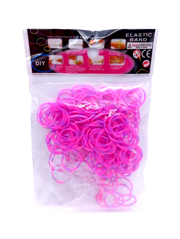 Гумки для плетіння браслетів рожево-фіолетові Loom Bands 200 шт еластичні резиночки для дитячої творчості з гачком та кліпсами