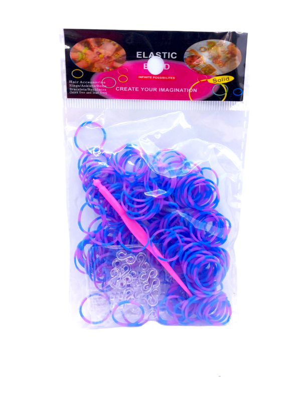 Гумки для плетіння браслетів синьо-фіолетові Loom Bands 200 шт еластичні резиночки для дитячої творчості з гачком та кліпсами