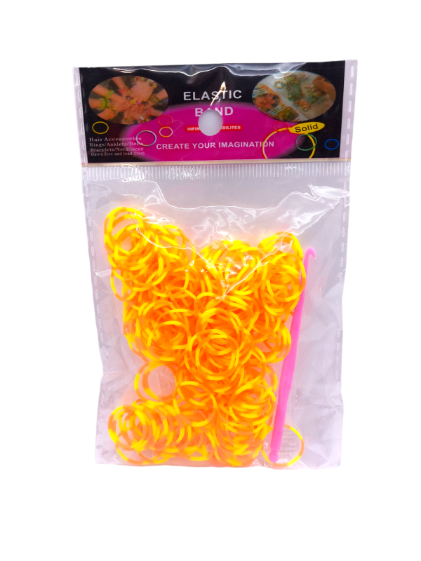 Гумки для плетіння браслетів жовто-помаранчеві Loom Bands 200 шт еластичні резиночки для дитячої творчості з гачком та кліпсами