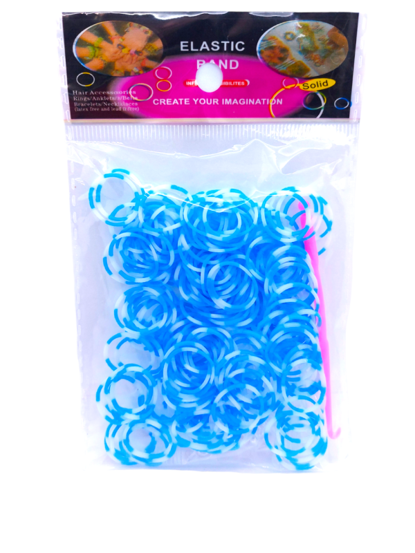 Гумки для плетіння браслетів біло-блакитні Loom Bands 200 шт еластичні резиночки для дитячої творчості з гачком та кліпсами