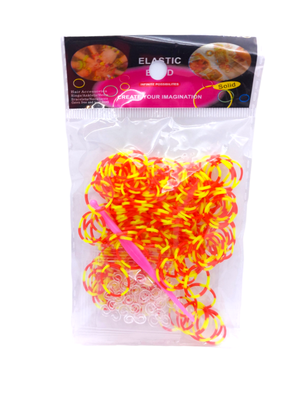 Гумки для плетіння браслетів жовто-червоні Loom Bands 200 шт еластичні резиночки для дитячої творчості з гачком та кліпсами