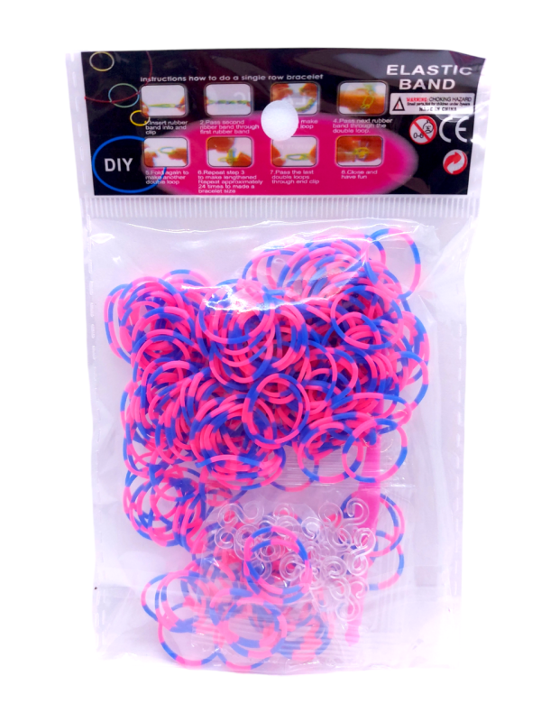 Гумки для плетіння браслетів синьо-рожеві Loom Bands 200 шт еластичні резиночки для дитячої творчості з гачком та кліпсами