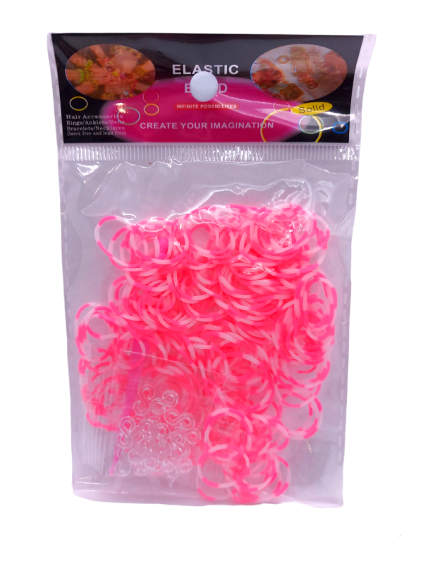 Гумки для плетіння браслетів рожево-білі Loom Bands 200 шт еластичні резиночки для дитячої творчості з гачком та кліпсами
