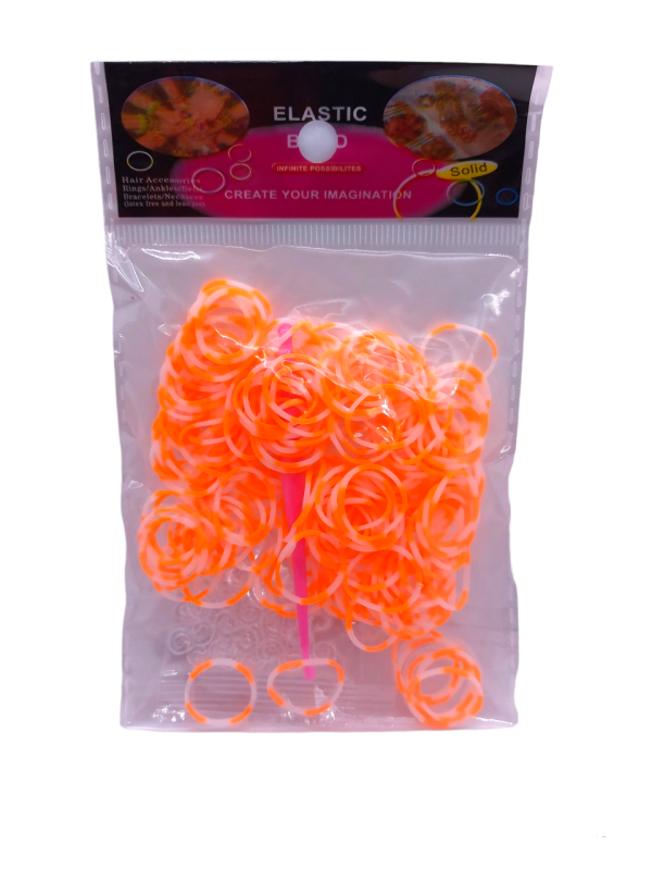 Гумки для плетіння браслетів жовтогарячо-білі Loom Bands 200 шт еластичні резиночки для дитячої творчості з гачком та кліпсами