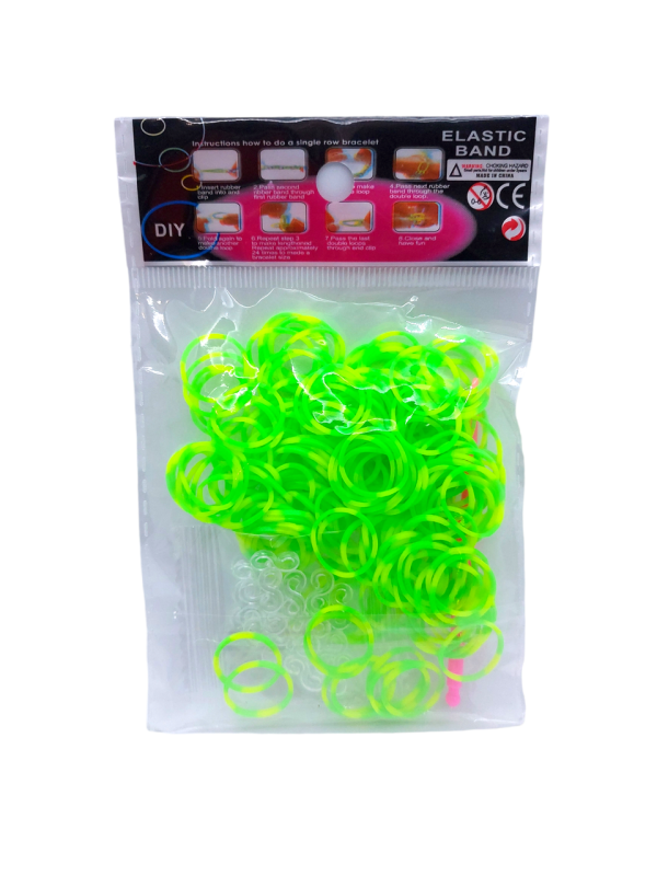Гумки для плетіння браслетів зелено-жовті Loom Bands 200 шт еластичні резиночки для дитячої творчості з гачком та кліпсами
