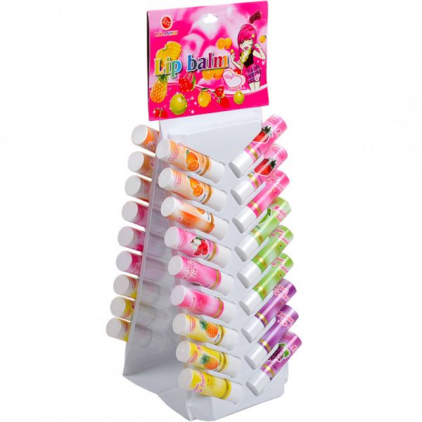 Набір гігієнічних помад для губ "Lip Balm" з фруктовими ароматами — 36 шт. на вертикальній демонстраційній стійці-дисплеї