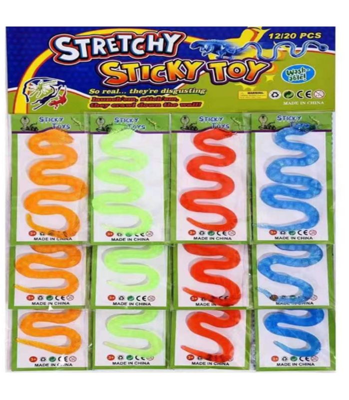 Дитяча іграшка-антистрес "Змія-липучка" (Stretchy Sticky Toy) 20 см — 12 шт. на демонстраційному аркуші-планшеті 40х30 см