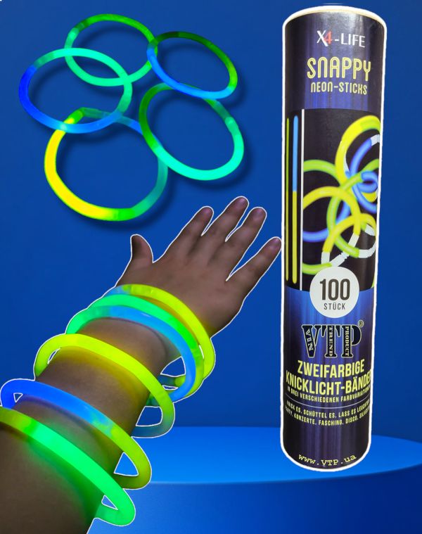 Набір неонових паличок-браслетів Snappy neon-sticks двоколірних, що світяться (Glow Sticks) 20 см — 100 шт. у тубусі