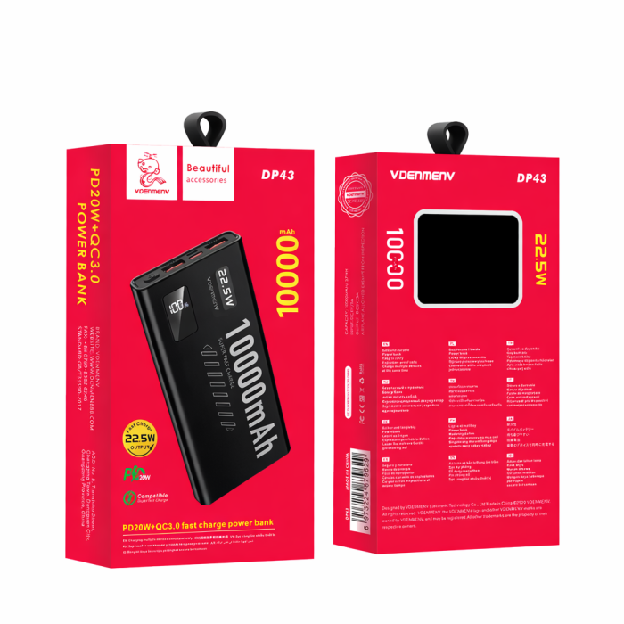 Повербанк VDENMENV DP43 10000mAh 22.5W — зовнішній акумулятор Li-Pol з цифровим дисплеєм та швидкою зарядкою PD / QC 3.0 (2xUSB, Type-C, чорний)