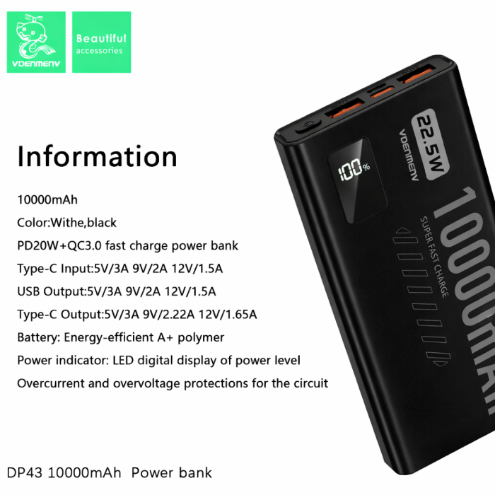 Повербанк VDENMENV DP43 10000mAh 22.5W — зовнішній акумулятор Li-Pol з цифровим дисплеєм та швидкою зарядкою PD / QC 3.0 (2xUSB, Type-C, чорний)
