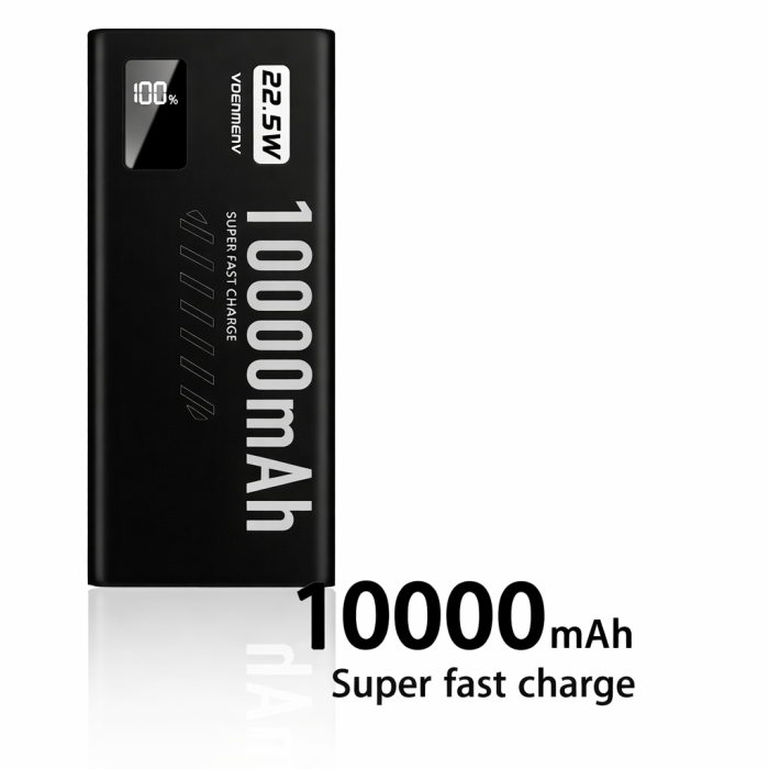 Повербанк VDENMENV DP43 10000mAh 22.5W — зовнішній акумулятор Li-Pol з цифровим дисплеєм та швидкою зарядкою PD / QC 3.0 (2xUSB, Type-C, чорний)
