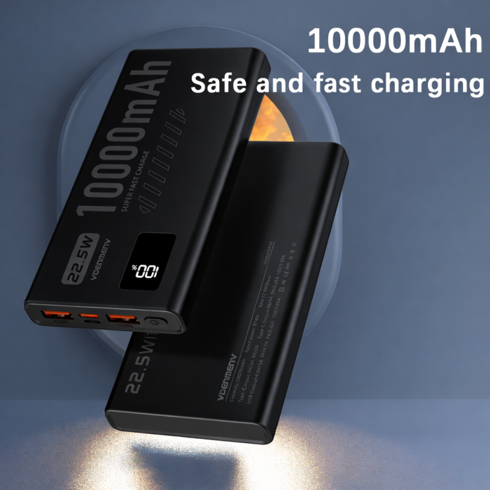 Повербанк VDENMENV DP43 10000mAh 22.5W — зовнішній акумулятор Li-Pol з цифровим дисплеєм та швидкою зарядкою PD / QC 3.0 (2xUSB, Type-C, чорний)