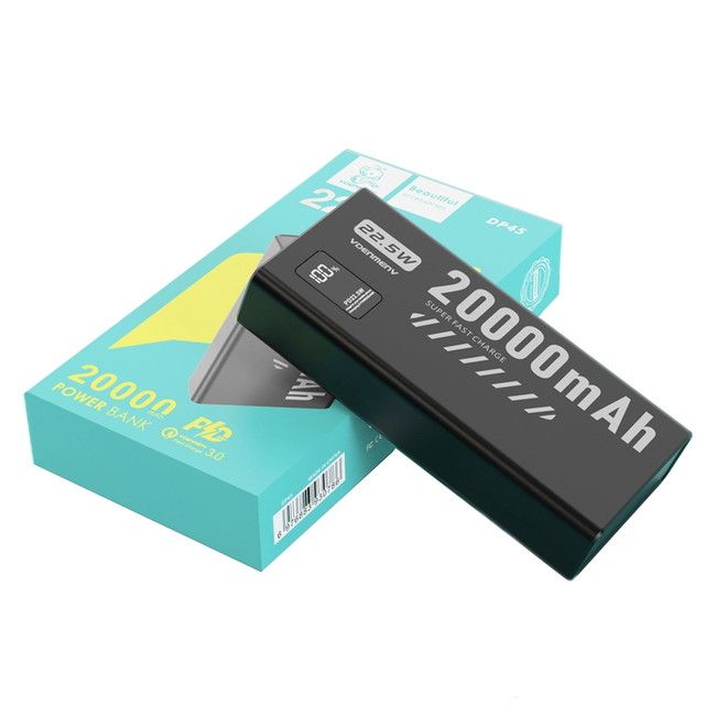 Повербанк DENMEN DP45 20000 мАг 22.5W — зовнішній акумулятор Li-Polymer з LED-дисплеєм та швидкою зарядкою PD/QC (2×USB, 1×Type-C, чорний)