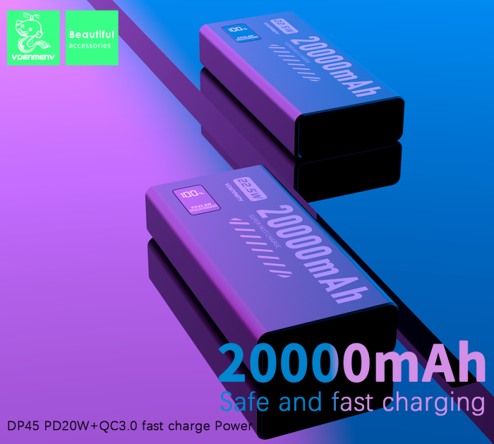 Повербанк DENMEN DP45 20000 мАг 22.5W — зовнішній акумулятор Li-Polymer з LED-дисплеєм та швидкою зарядкою PD/QC (2×USB, 1×Type-C, чорний)