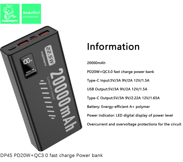 Повербанк DENMEN DP45 20000 мАг 22.5W — зовнішній акумулятор Li-Polymer з LED-дисплеєм та швидкою зарядкою PD/QC (2×USB, 1×Type-C, чорний)