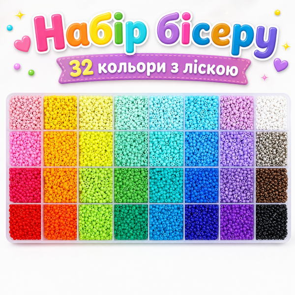 Великий набір бісеру для рукоділля 32 кольори з ліскою в пластиковому органайзері-боксі 26×13×2 см (діаметр 2,5 мм)