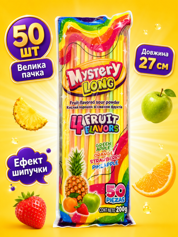 Трубочки з кислою пудрою стік-щербет Mystery Long Yogurt Stick довжина 27см 50шт у великій пачці