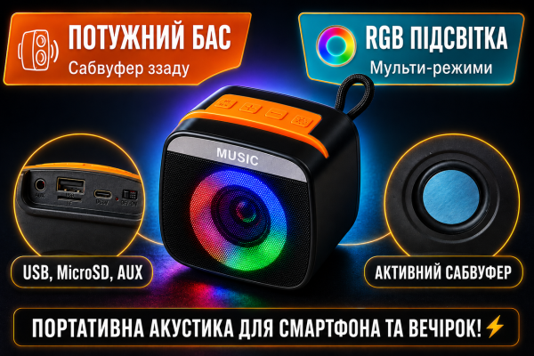 Портативна бездротова Bluetooth колонка X922 з круговою RGB підсвіткою, активним заднім сабвуфером та Type-C (5W, 1200mAh, AUX, USB, MicroSD)