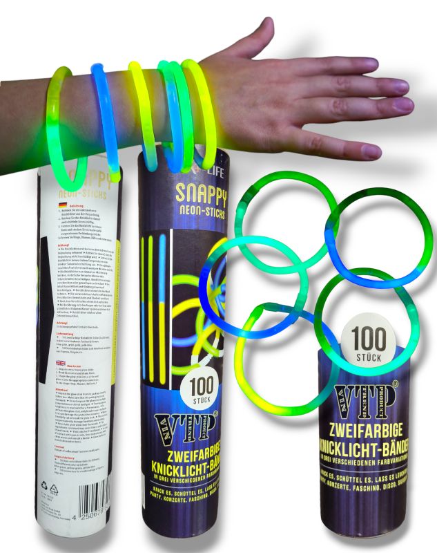 Набір неонових паличок-браслетів Snappy neon-sticks двоколірних, що світяться (Glow Sticks) 20 см — 100 шт. у тубусі