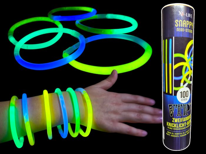 Набір неонових паличок-браслетів Snappy neon-sticks двоколірних, що світяться (Glow Sticks) 20 см — 100 шт. у тубусі