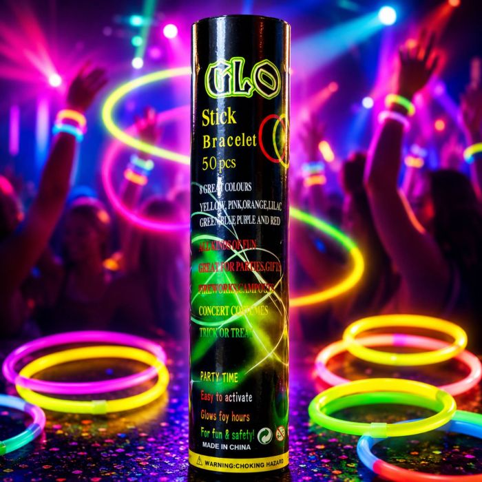 Неонові браслети, що світяться GLOW PARTY 20 см (глоустики асорті) — 50 шт. у фірмовому тубусі з конекторами